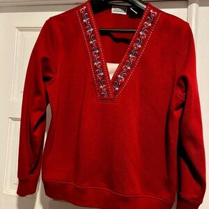 Shenanigans Fleece Sweater Women's Casual Cranberry Red V Neck Long Sleeve L